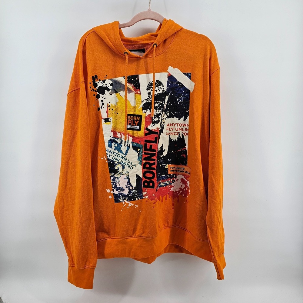 NWT Men's Born Fly Orange Graphic Hoodie Tangerine Pockets Size 3XL - Picture 1 of 8